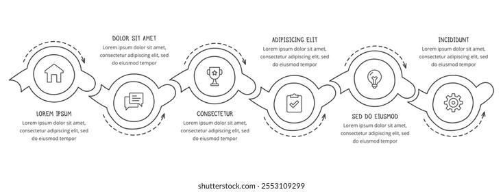 Hand drawn process infographic template with six connected circles with arrows, doodle infographics vector eps10 illustration