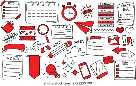 Conjunto de doodle de produtividade desenhado à mão com ícones para listas de tarefas, memorandos, calendários e material de escritório para publicação em diário digital e postagens de mídia social