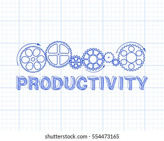 Hand drawn productivity and gear wheels on graph paper
