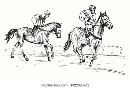 Hand drawn professional athlete jockey on horseback following other participating in racing on the racetrack. Ink black and white drawing.