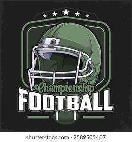 Hand drawn professional green protection helmet for American football competitions badge with labels