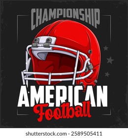 Hand drawn professional red protection helmet badge for American football competitions with labels