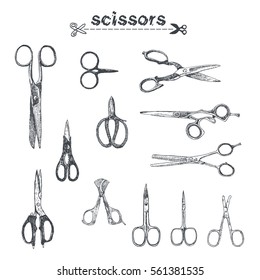 Hand drawn professional scissors set. Dressmaker shears and cutting, stationery, household, hairdresser's, pocket, nail, manicure, kitchen, medical, cigar scisors. Retro vintage vector lineart