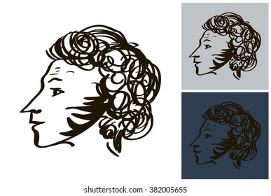 Perfil dibujado a mano Alexandr Pushkin dibujo vectorial retrato inky. Línea de arte del gran poeta ruso Pushkin. 