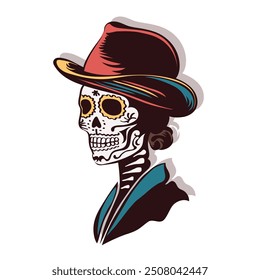 Hand drawn profile of la Calavera Catrina skeleton dressed in a formal suit and wide-brimmed hat. The female skull is intricately decorated with floral designs as Mexican Day of the Dead tradition