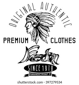 hand drawn profile of native american chief vintage tee print design