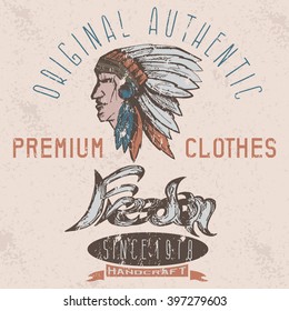 hand drawn profile of native american chief vintage grunge tee print design