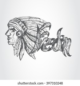 Hand drawn profile of native american chief vintage grunge tee print design 