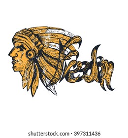 Hand drawn profile of native american chief vintage grunge tee print design 