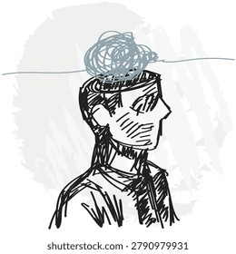 Hand drawn profile silhouette head featuring a messy tangled gray line loop representing internal confusion.