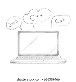 Hand drawn programming language concept laptop java c plus plus c sharp