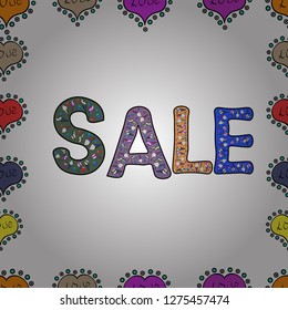 Hand drawn promotional design for banner. Vector. Art illustration of logotype for sale, give away, discount, sell out, clearance, Illustration in black, white and violet colors. Seamless pattern.