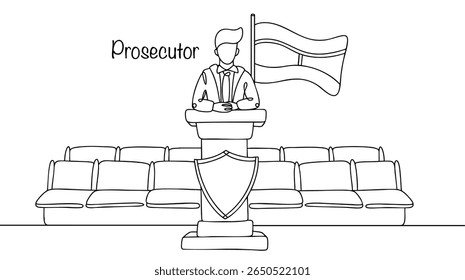 A hand drawn prosecutor speaking at a court hearing. An official who supports the prosecution in court, protects the interests of the state and society, and ensures that laws are properly applied.