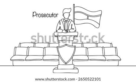 A hand drawn prosecutor speaking at a court hearing. An official who supports the prosecution in court, protects the interests of the state and society, and ensures that laws are properly applied.