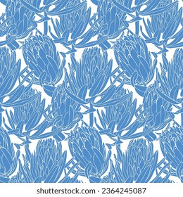 Hand drawn protea flower seamless pattern for textile,wallpaper, tropical line art vector background. Modern tropical floral illustration.