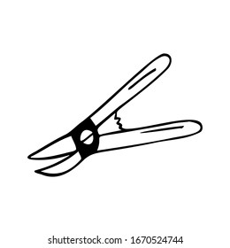 Hand drawn pruner, garden tools on a white isolated background. Doodle, simple outline illustration. It can be used for decoration of textile, paper.