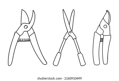 Hand drawn pruner illustrations collection in vector. Doodle pruner icons set in vector. Garden scissors hand drawn icons collection.