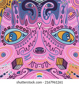Antecedentes psicodélicos de corte manual. Animal de estilo moderno extraño. Ojos, líneas, colores pastel, corazón, cuadrado.