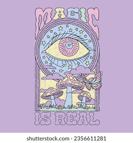 HAND DRAWN PSYCHEDELIC EYE LANDSCAPE TRIPPY MUSHROOM MAGIC WEIRD BUTTERFLY STARS SKY HIPPY ACID PASTEL RAINBOW TYPOGRAPHY TSHIRT TEE PRINT FOR APPAREL MERCHANDISE