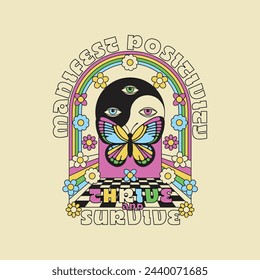 HAND DRAWN PSYCHEDELIC EYE TRIPPY BUTTERFLY RAINBOW YIN YANG POSITIVITY FLOWER FLORAL TYPOGRAPHY TSHIRT TEE PRINT FOR APPAREL MERCHANDISE