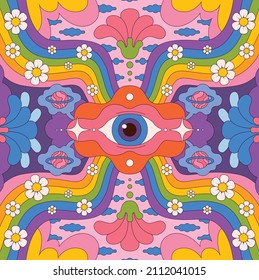 Hand drawn psychedelic groovy background. Eyes, flowers, pastel colors, lips, nature elements, stars. 