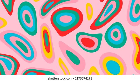 Hand drawn psychedelic groovy background with colorful trippy melting shapes in retro 60s hippie art style.