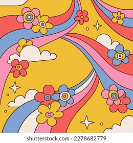 Fondo psicodélico estirado a mano con flores, arcos, nubes, colores vivos. El cielo retro 70 vívido. Ilustración de contorno dibujada a mano por vectores.