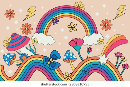 Hand drawn psychedelic groovy background. Eyes, flowers, pastel colors, mushrooms, nature elements, stars. 