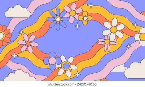 Hand drawn psychedelic groovy background with flowers, rainbows, clouds in 70s retro vivid colors. Vintage psychedelic sky frame. Vector contour cartoon illustration.