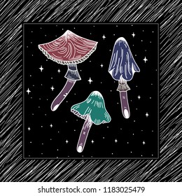 Hand Drawn psychedelic mushroom Doodle card. Illustrations Drawing Vector Sketch for textile, print, postcard, text, invitation, poster, background, book, t-shirt, wallpaper
