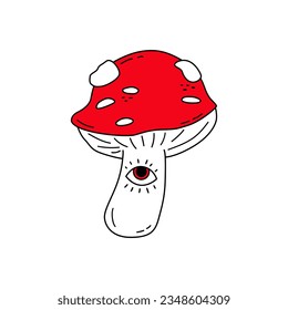 Hand drawn psychedelic mushroom with an eye. Doodle drawing of strange amanita. Groovy halloween decoration. Hippie fly agaric element