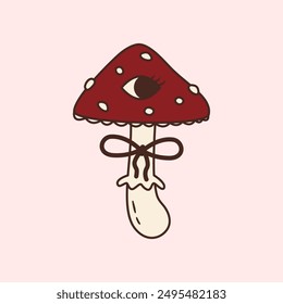 Hand drawn psychedelic mushroom with an eye. Abstract drawing of strange amanita with bow ribbon. Vintage halloween decoration. Mystic vector illustration