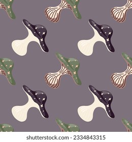 Hand drawn psychedelic mushrooms seamless pattern. Magical fly agaric wallpaper. Design for printing, textile, fabric, fashion, interior, wrapping paper. Vector illustration