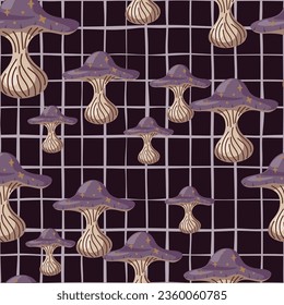 Hand drawn psychedelic mushrooms seamless pattern. Magical fly agaric wallpaper. Design for printing, textile, fabric, fashion, interior, wrapping paper. Vector illustration