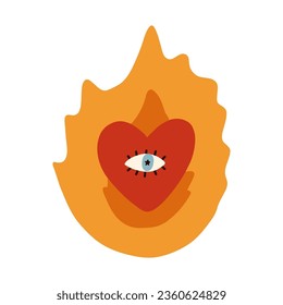 Hand drawn psychedelic one-eyed heart in the flame. Aesthetic simple doodle in retro style of 70s. Burning heart with one eye for social media, passion concepts, tattoo design. Hippy cartoon sticker