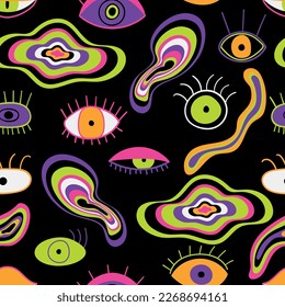 Hand drawn psychedelic seamless pattern. Bright acid print with evil eyes. Modern hallucination vector background. Conceptual art. Retro pop design for party, fabric, website.