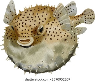 hand drawn pufferfish design for templates, watercolor style.