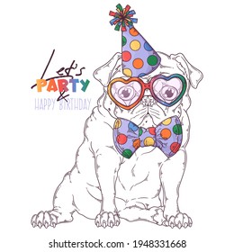 Hand drawn pug dog clown portrait with accessories Vector. Isolated objects for your design. Each object can be changed and moved.
