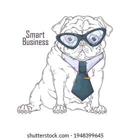 Hand drawn pug dog in tie Vector. Isolated objects for your design. Each object can be changed and moved.