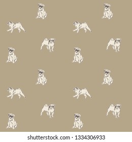 Hand drawn pug dogs vintage seamless pattern. Vector sketch animal pets endless illustration.