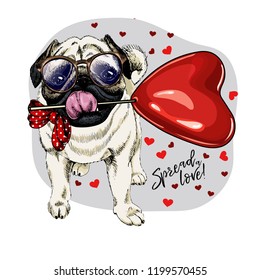 Hand drawn pug with heart shape baloon. Vector Valentine day greeting card. Cute colorful dog wears glasses and bandana. Romantic design. Love pet portrait. Poster, banner. Spread love.