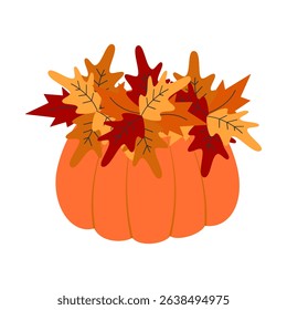 Hand drawn Pumpkin and Autumn leaves Wreath Thanksgiving Greeting Sticker colorful design element