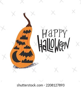 Hand drawn pumpkin with bat, clouds and moon painted on it and hand lettering inscription Happy Halloween. Holiday greeting card, poster, party invitation