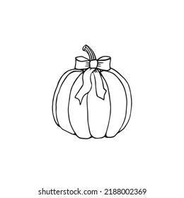 Hand drawn pumpkin with bow. Decor for autumn interior. Black outline isolated on white.