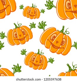 Hand drawn pumpkin character seamless pattern drawing with leaves. Happy Halloween or Thanksgiving vector illustration. 