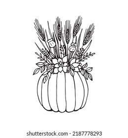 Handgezeichneter Kürbis mit Blumenfäden und Stacheln. Dekor für die Herbstdekoration. Schwarze Umrisse einzeln auf Weiß.