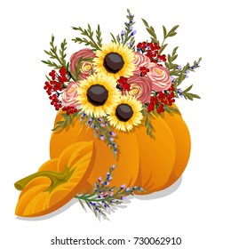 Hand drawn pumpkin with flowers. Pumpkin isolated Halloween Pumpkin icon vector Pumpkin vector icon