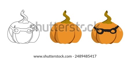 Hand drawn pumpkin (gourd) in three variants (versions): outline, classic vegetable, vegetable in mask (Halloween edition). Isolated on white background (backdrop). Food. Holiday. Vector illustration.