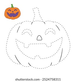 Hand drawn pumpkin halloween coloring pages for kids. Trace and color pumpkin halloween. Pumpkin halloween vector. Coloring book for kids. Kindergarten and preschool worksheets printable for kids. 