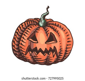 Hand drawn pumpkin
illustration in engraving style. Halloween emotion variation design. Spooky horror face. Vector colored vintage element isolated on white background.